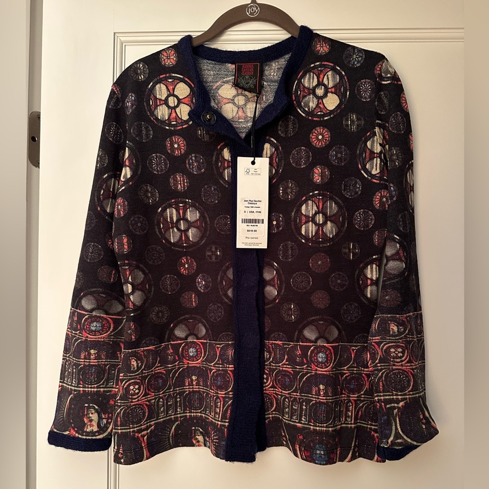 Vintage 1990s Jean Paul Gaultier wool blend snap front cardigan stained glass